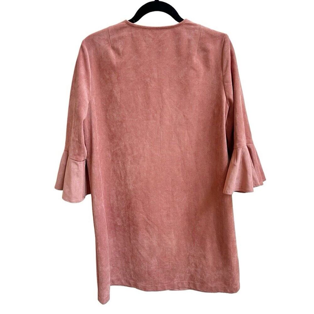 BCBGMAXAZRIA Faux Suede Cartier Dress Shift Ruffled Bell Sleeves Sz M Clay Pink - Picture 4 of 6